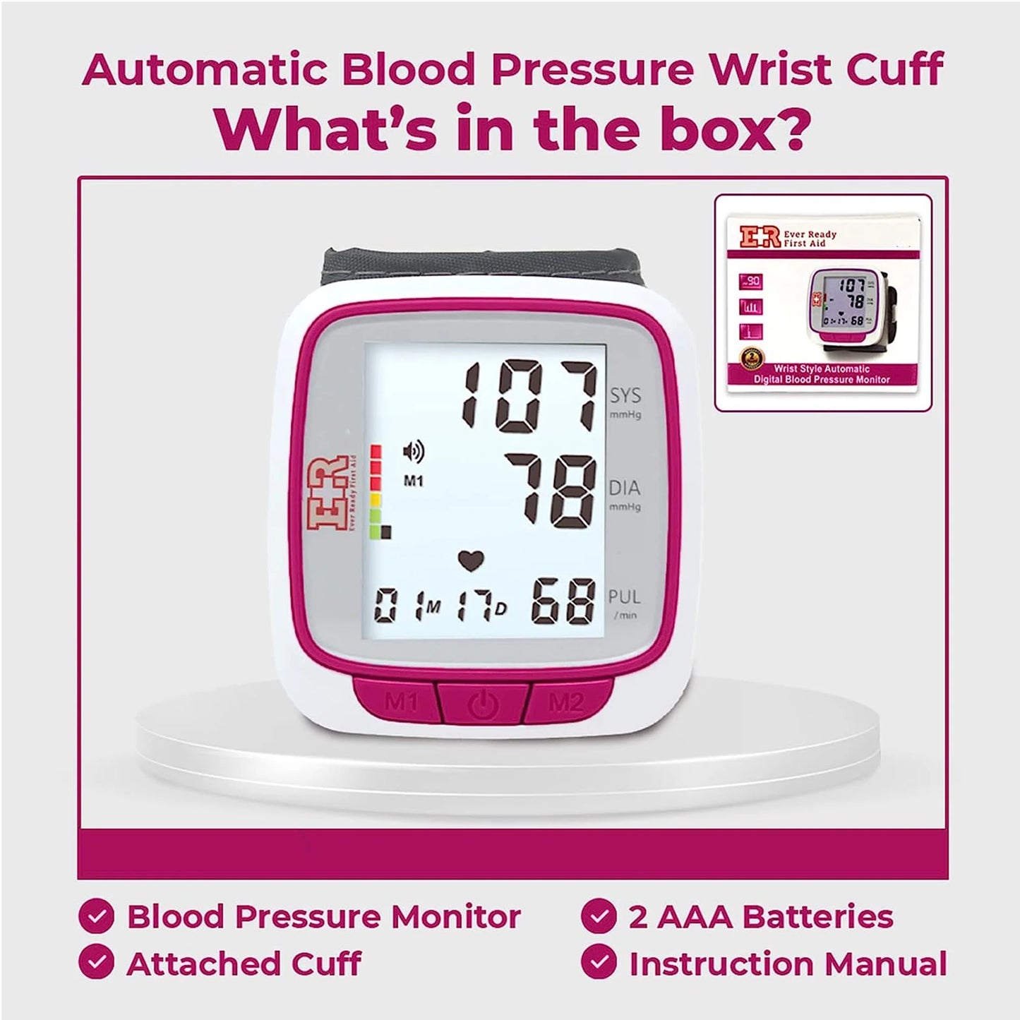 Fully Automatic Wearable Blood Pressure Wrist Cuff Monitor, Pink