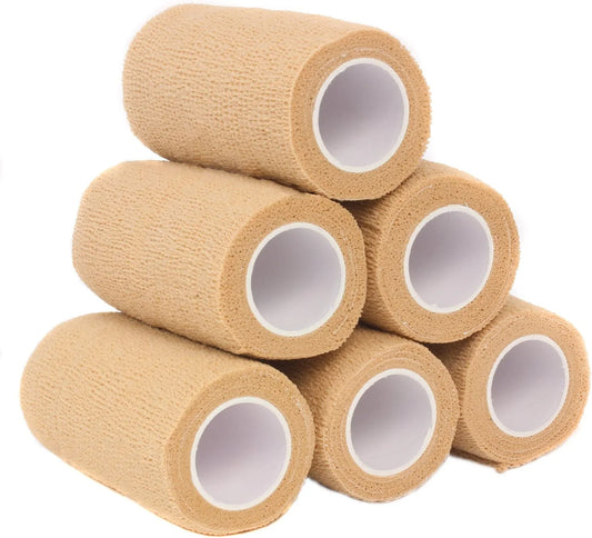 Self Adherent Cohesive Wrap Bandages for First Aid, Sprains, Pain, Swelling, Sports, Pets - 4 Inches X 5 Yards – 06 Count - Tan