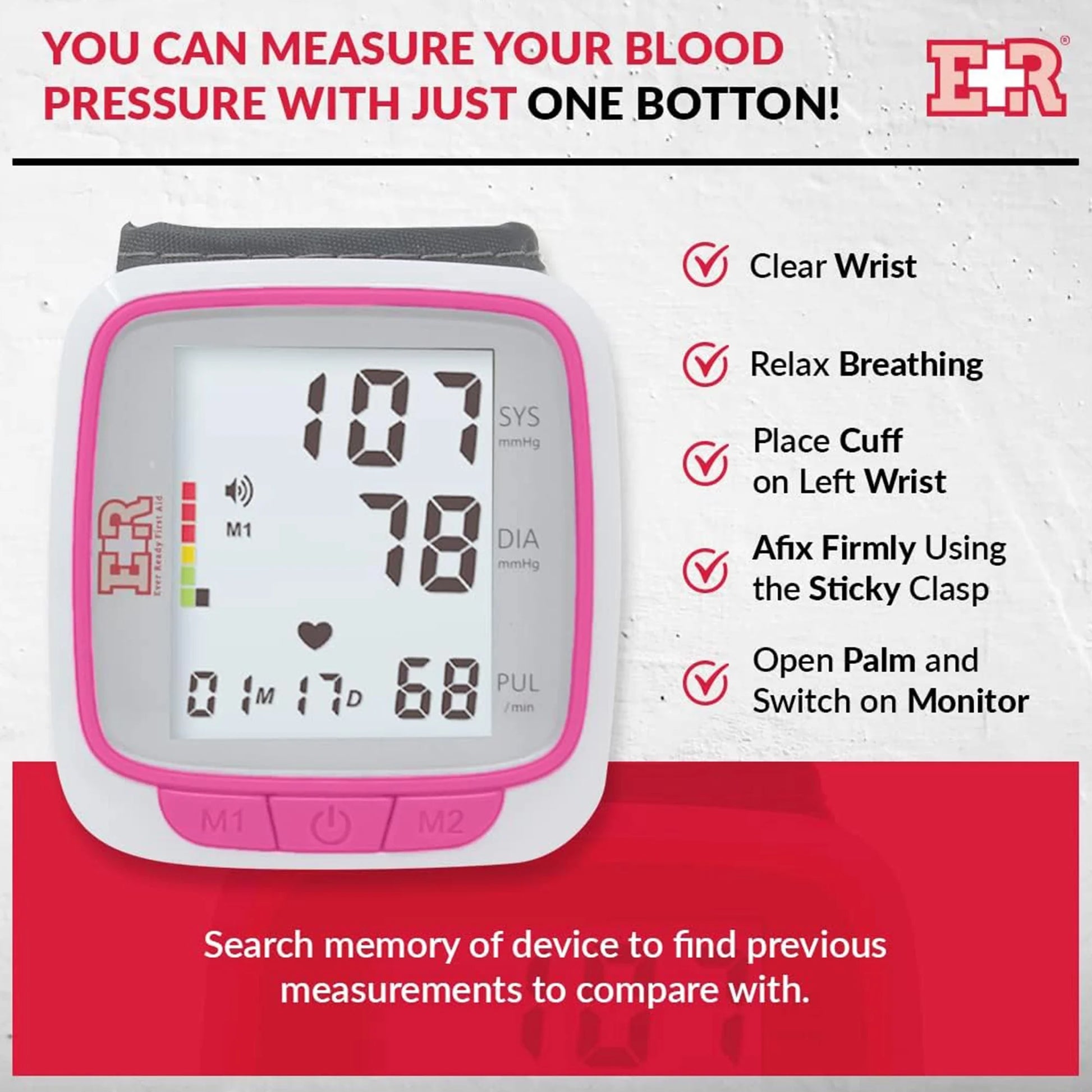 Fully Automatic Wearable Blood Pressure Wrist Cuff Monitor, Pink