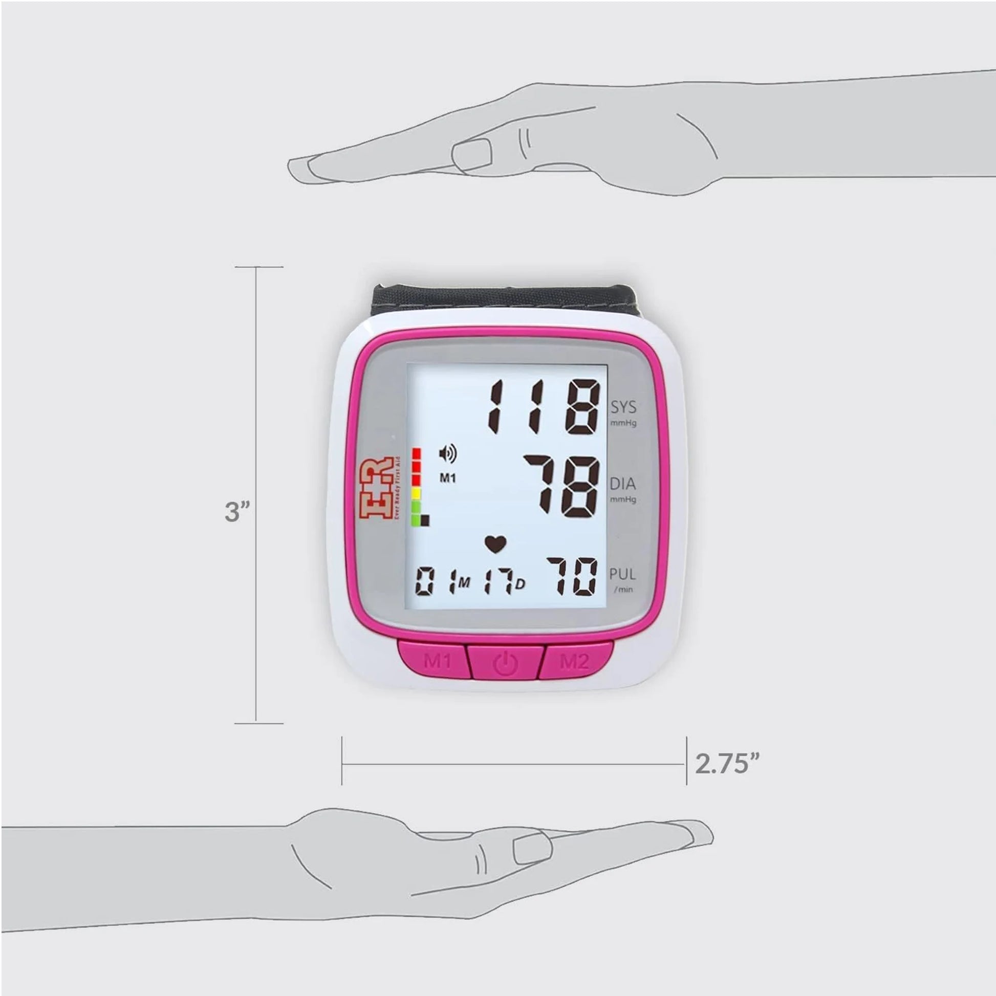 Fully Automatic Wearable Blood Pressure Wrist Cuff Monitor, Pink
